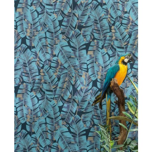 Casadeco Botanica 85946192 FOLIUM Botanikus nagyformátumú levelek antracit türkizkék kék arany csillogó kiemelések tapéta