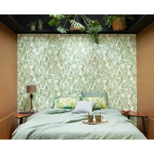 Casadeco Botanica 85947340 FOLIUM Botanikus nagyformátumú levelek fehér zöld árnyalatok aranybarna csillogó kiemelések tapéta