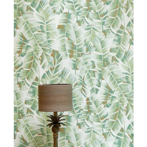 Casadeco Botanica 85947340 FOLIUM Botanikus nagyformátumú levelek fehér zöld árnyalatok aranybarna csillogó kiemelések tapéta