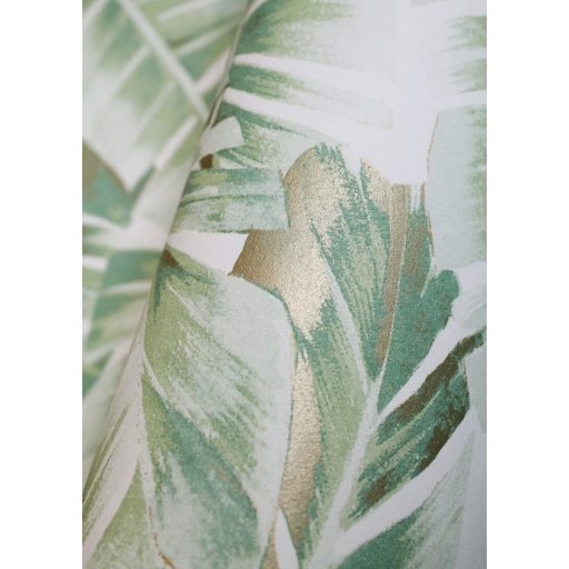Casadeco Botanica 85947340 FOLIUM Botanikus nagyformátumú levelek fehér zöld árnyalatok aranybarna csillogó kiemelések tapéta