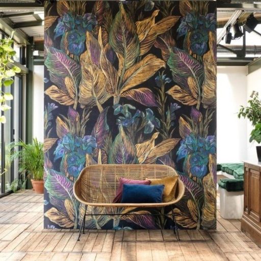 Casadeco Botanica 85952367 PANORAMIQUE IRIS Botanikus XXL levelek virágok antracit currysárga szines falpanel