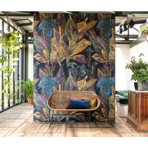 Casadeco Botanica 85952367 PANORAMIQUE IRIS Botanikus XXL levelek virágok antracit currysárga szines falpanel