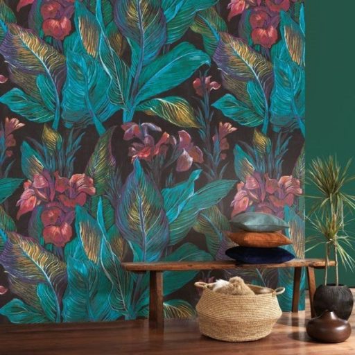 Casadeco Botanica 85957249 PANORAMIQUE IRIS Botanikus XXL levelek virágok antracit zöld türkiz szines falpanel