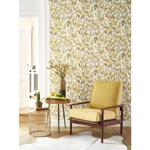 Vintage trópusi megjelenés - gazdag levélzet fehér bézs szürke sárga tapéta