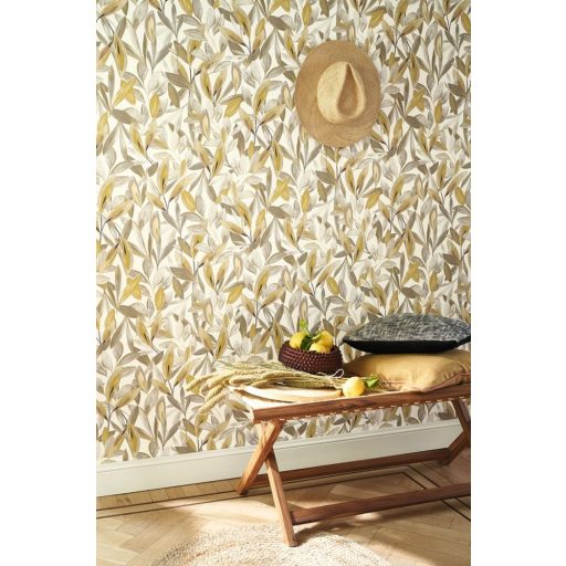 Vintage trópusi megjelenés - gazdag levélzet fehér bézs szürke sárga tapéta