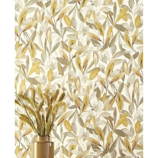 Vintage trópusi megjelenés - gazdag levélzet fehér bézs szürke sárga tapéta