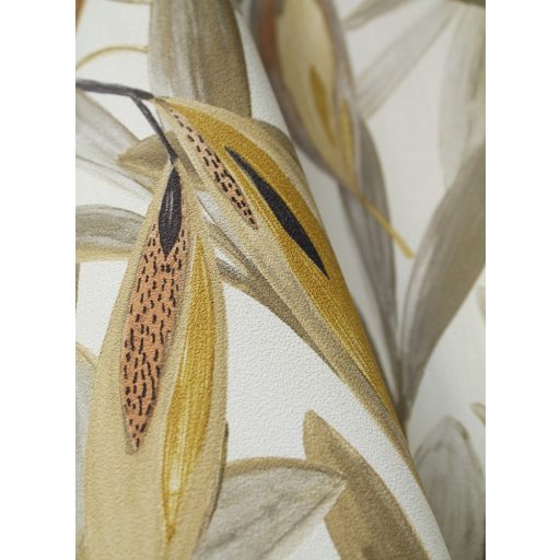 Vintage trópusi megjelenés - gazdag levélzet fehér bézs szürke sárga tapéta