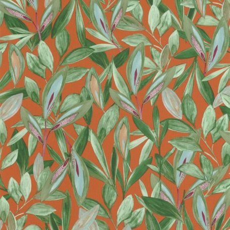 Vintage trópusi megjelenés - gazdag levélzet narancs/terrakotta zöld világodkék lila tapéta