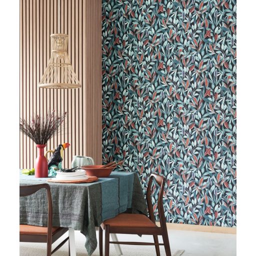 Vintage trópusi megjelenés - gazdag levélzet sötétkék narancs kék tapéta