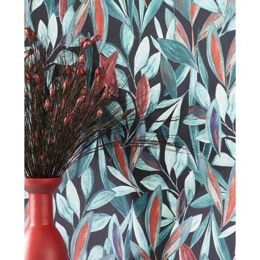 Vintage trópusi megjelenés - gazdag levélzet sötétkék narancs kék tapéta