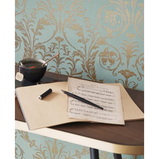 Casadeco Montsegur 86027127 TRIANON Klasszikus botanikai díszítőminta mandulazöld arany fémes hatás tapéta