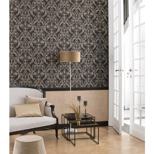 Casadeco Montsegur 86029511 TRIANON Klasszikus botanikai díszítőminta antracit bézsarany arany fémes hatás tapéta