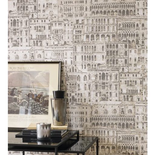 Casadeco Montsegur 86050423 EDIFICE Gótikus épületek Ca' d'Oro és més velencei paloták krémfehér bézsarany sötétszürke tapéta