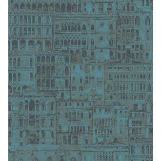   Casadeco Montsegur 86056518  EDIFICE Gótikus épületek Ca' d'Oro és més velencei paloták ultramarinkék arany antracit tapéta