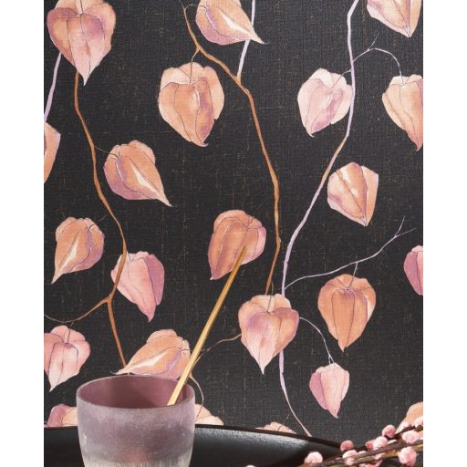 Physalis vagy japán lámpás csodaszép mintája antracit arany alkonyi narancs tapéta