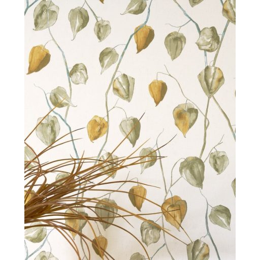 Physalis vagy japán lámpás csodaszép mintája törtfehér khakizöld aranysárga tapéta