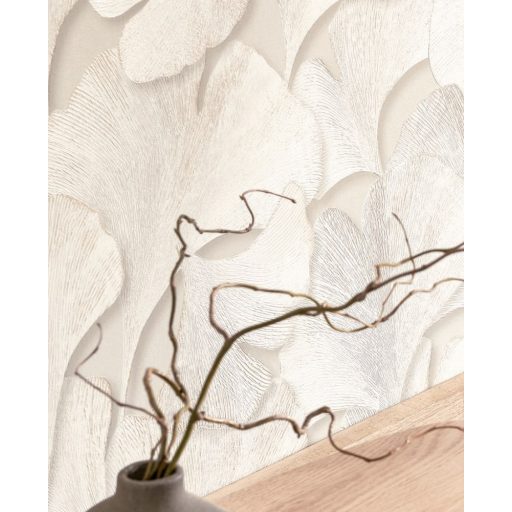 Hulló Gingko Biloba levelek 3D dombornyomás hófehér bézs/szürkésbézs bézsarany tapéta
