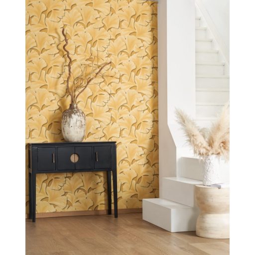 Hulló Gingko Biloba levelek 3D dombornyomás aranysárga szürke arany tapéta