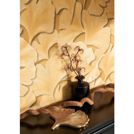 Hulló Gingko Biloba levelek 3D dombornyomás aranysárga szürke arany tapéta