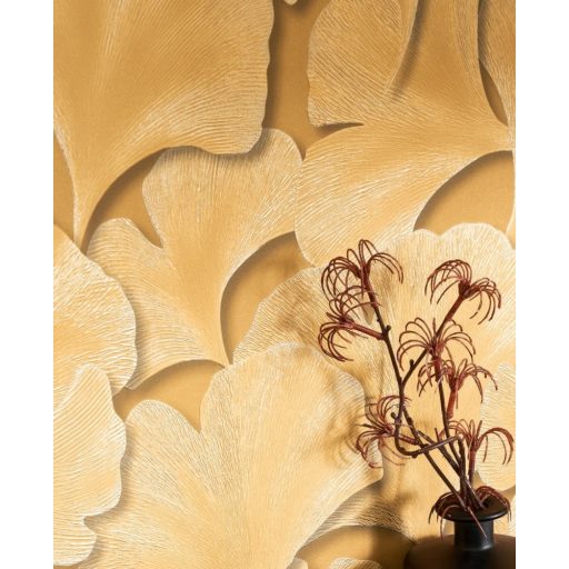 Hulló Gingko Biloba levelek 3D dombornyomás aranysárga szürke arany tapéta