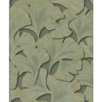   Hulló Gingko Biloba levelek 3D dombornyomás sötét szürkészöld khakizöld arany tapéta