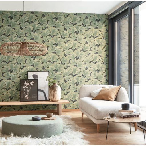 Hulló Gingko Biloba levelek 3D dombornyomás sötét szürkészöld khakizöld arany tapéta