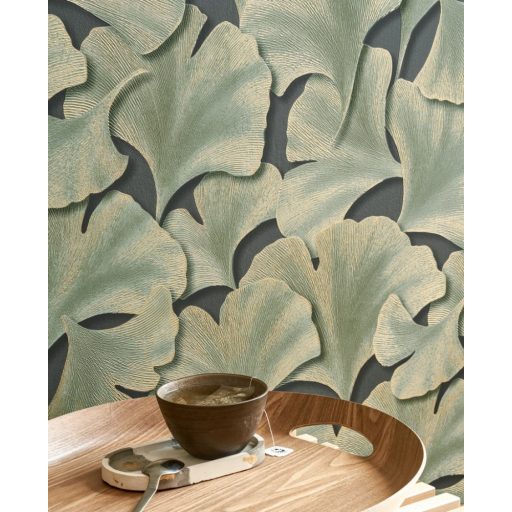 Hulló Gingko Biloba levelek 3D dombornyomás sötét szürkészöld khakizöld arany tapéta