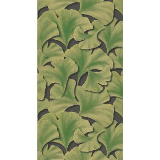   Hulló Gingko Biloba levelek 3D dombornyomás antracit klorofil zöld arany tapéta