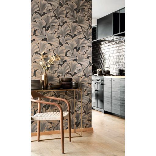 Hulló Gingko Biloba levelek 3D dombornyomás szénfekete szürke arany tapéta