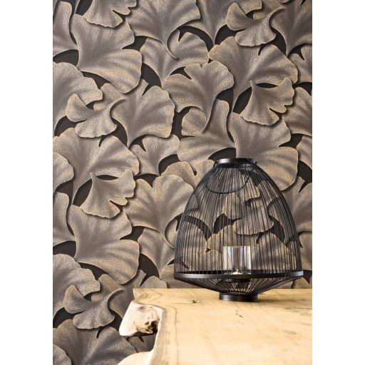 Hulló Gingko Biloba levelek 3D dombornyomás szénfekete szürke arany tapéta