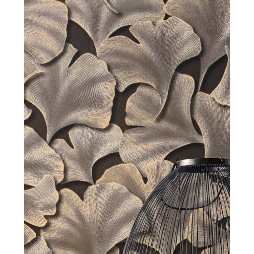 Hulló Gingko Biloba levelek 3D dombornyomás szénfekete szürke arany tapéta