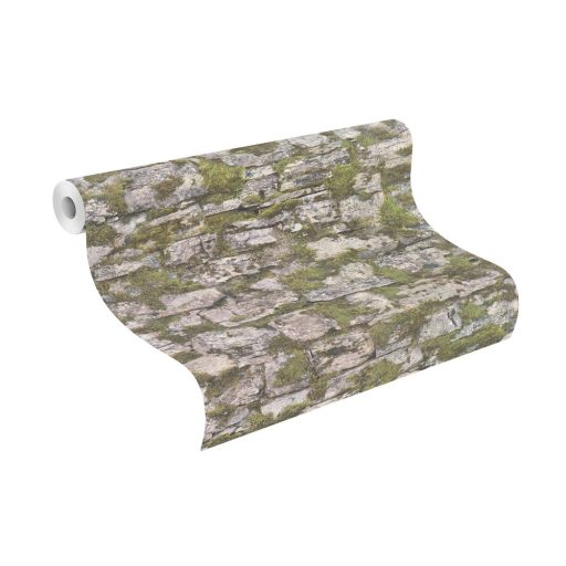 Rasch Bricks & Wood II 863208 Natur Mohával benőtt palatégla kövek szürke bézs zöld tapéta