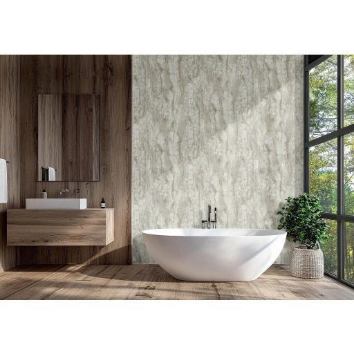 Kővé meredt vízesés vagy fagyott esővíz lebegő mintája törtfehér halvány bézs/szürkésbézs és ezüst tónus fémes hatás tapéta