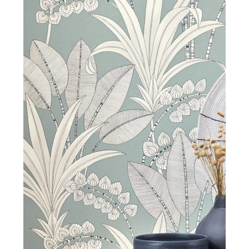 Tüneményes karcsú pálmalevelek halvány menta fehér szürke antracit tapéta