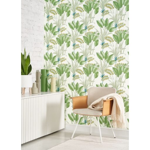 Tüneményes karcsú pálmalevelek fehér zöld és kék tónusok tapéta