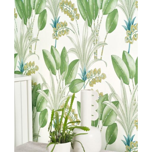 Tüneményes karcsú pálmalevelek fehér zöld és kék tónusok tapéta