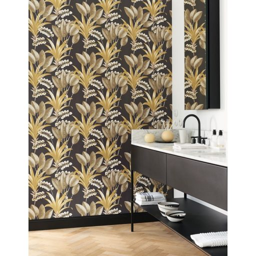 Tüneményes karcsú pálmalevelek fekete hársszín barna fehér tapéta