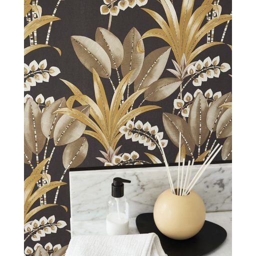 Tüneményes karcsú pálmalevelek fekete hársszín barna fehér tapéta