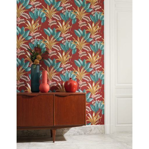 Tüneményes karcsú pálmalevelek piros sárga türkiz rózsaszín tónusú tapéta