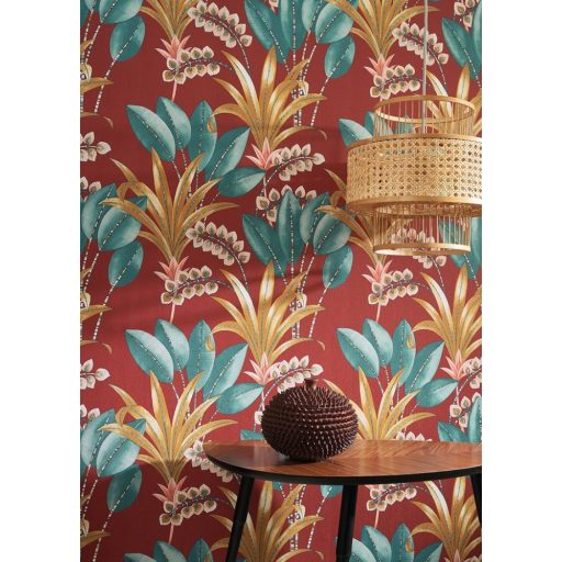 Tüneményes karcsú pálmalevelek piros sárga türkiz rózsaszín tónusú tapéta