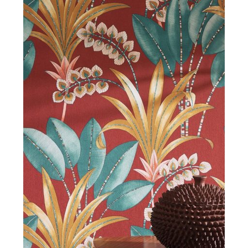 Tüneményes karcsú pálmalevelek piros sárga türkiz rózsaszín tónusú tapéta