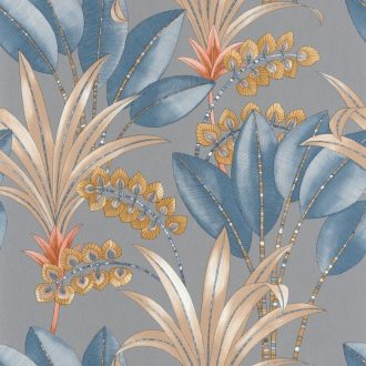   Tüneményes karcsú pálmalevelek kékesszürke kék barna korallszín sárga tapéta