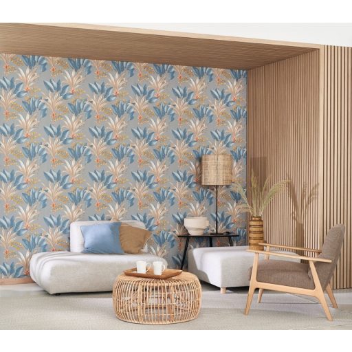 Tüneményes karcsú pálmalevelek kékesszürke kék barna korallszín sárga tapéta