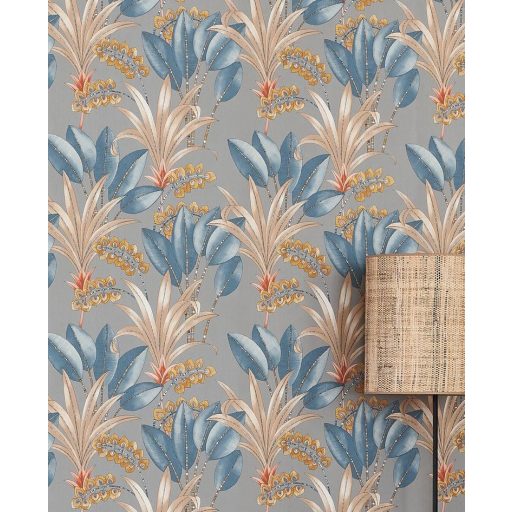 Tüneményes karcsú pálmalevelek kékesszürke kék barna korallszín sárga tapéta