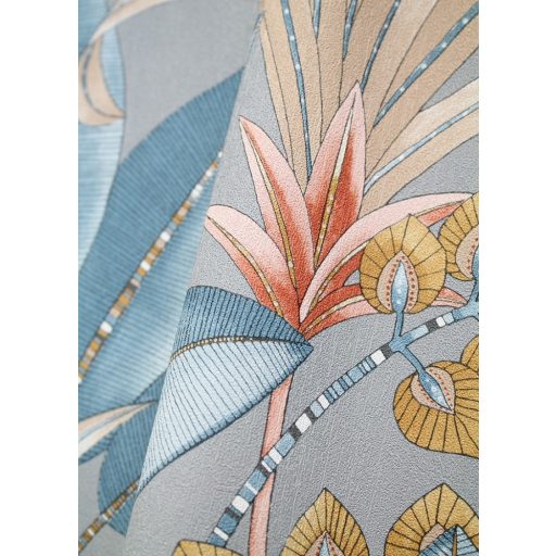 Tüneményes karcsú pálmalevelek kékesszürke kék barna korallszín sárga tapéta