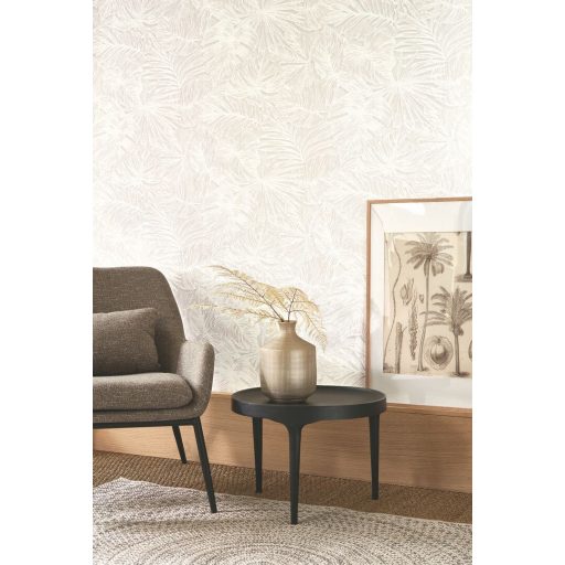 Luxusdekoráció! XXL pálmalavél lenyomatok kifinomult texturán krémfehér írisz és bézs tónus tapéta