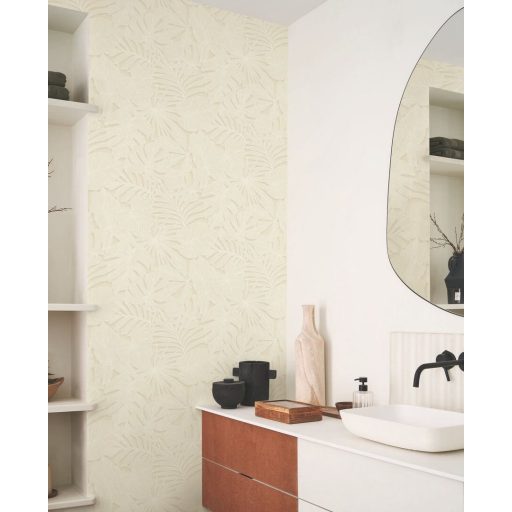 Luxusdekoráció! XXL pálmalavél lenyomatok kifinomult texturán krém vanília és bézs tónus tapéta