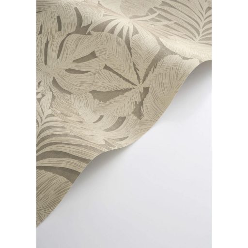 Luxusdekoráció! XXL pálmalavél lenyomatok kifinomult texturán lenbézs szürke/szürkésbarna és finom arany tónus tapéta
