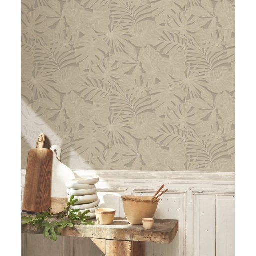 Luxusdekoráció! XXL pálmalavél lenyomatok kifinomult texturán lenbézs szürke/szürkésbarna és finom arany tónus tapéta