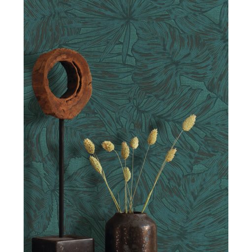 Filodendron és pálmalavelek - válósághű nyomat 3D petrolkék barna tónusok tapéta